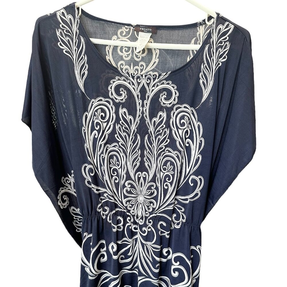 Pronto USA Women Blouse Blue/White Size Large Round Neck Batwing Short Sleeves
